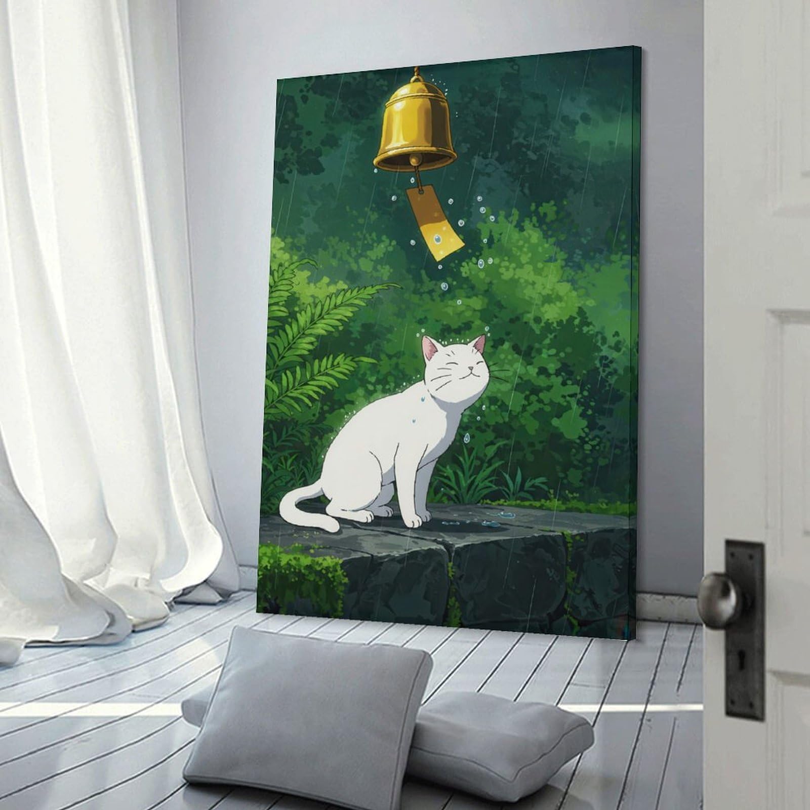 Junmoney Cat in Rain with Wind Chime Wall Picture Print 20x30inch(50x75cm), for Home Walls, Creative Rooms Or Shared Spaces, Stylish Home Artwork for Focal Walls