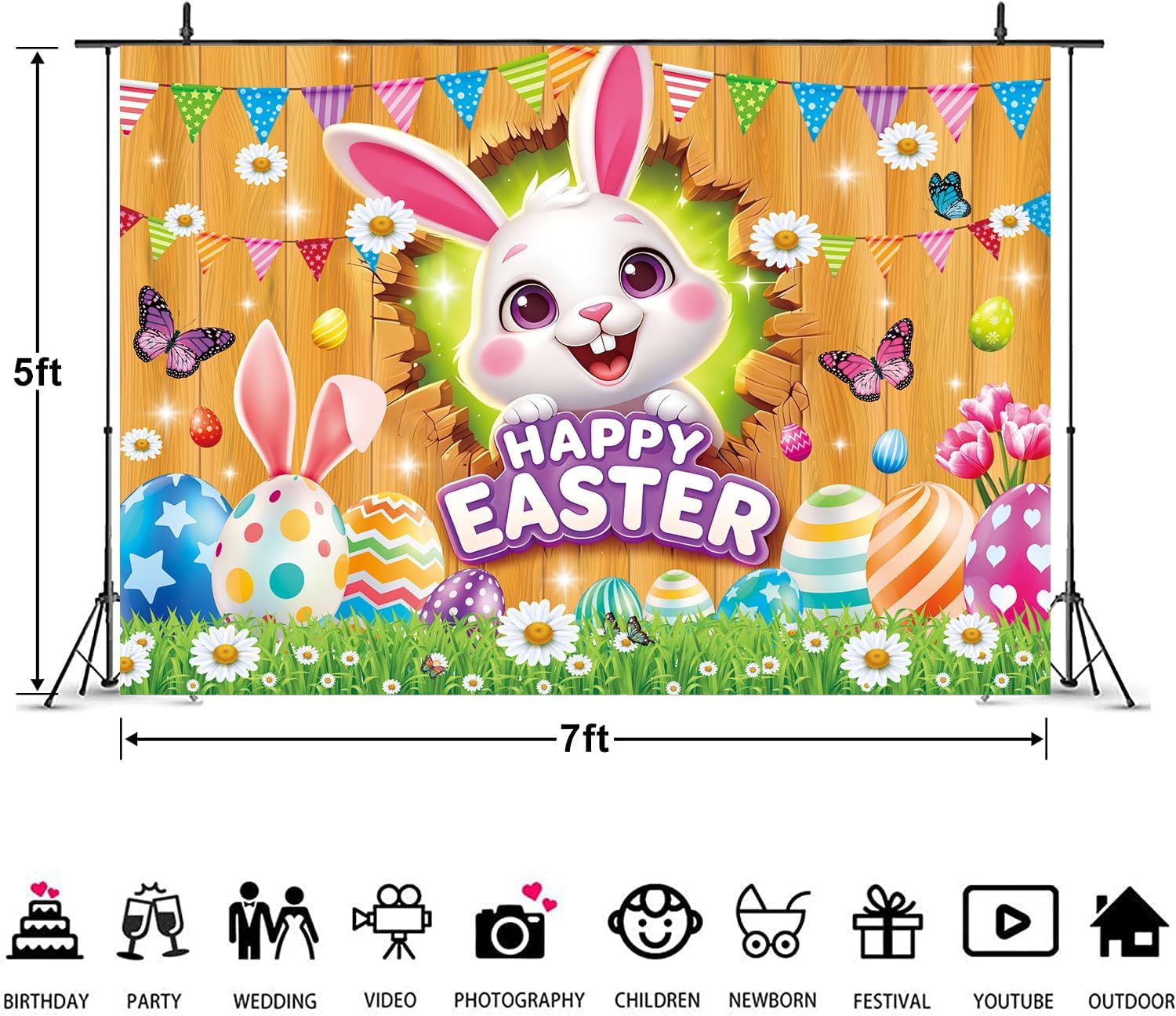 Happy Easter Backdrop Spring Easter Bunny Rabbit Colorful Eggs Floral Green Grass Wooden Banner Background Kids Birthday Party Yard Decoration Photo Booth Props Event Supplies 7x5FT