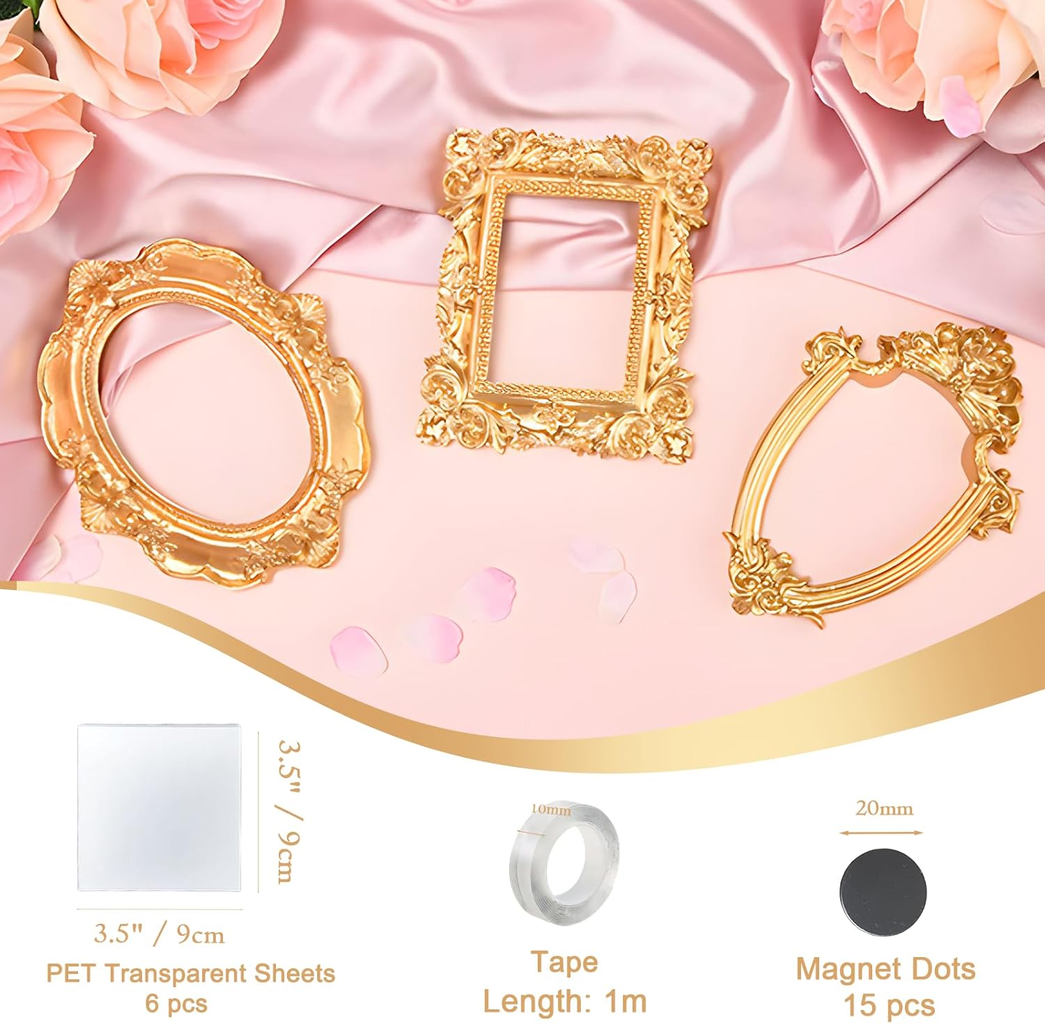 Mini gold frames Mini frame Small Picture Frames Magnetic Picture Frames for Refrigerator Vintage Picture frames Antique Vintage gold frame Jewelry Display Photo Frame Christmas Decor(5pcs，Gold)