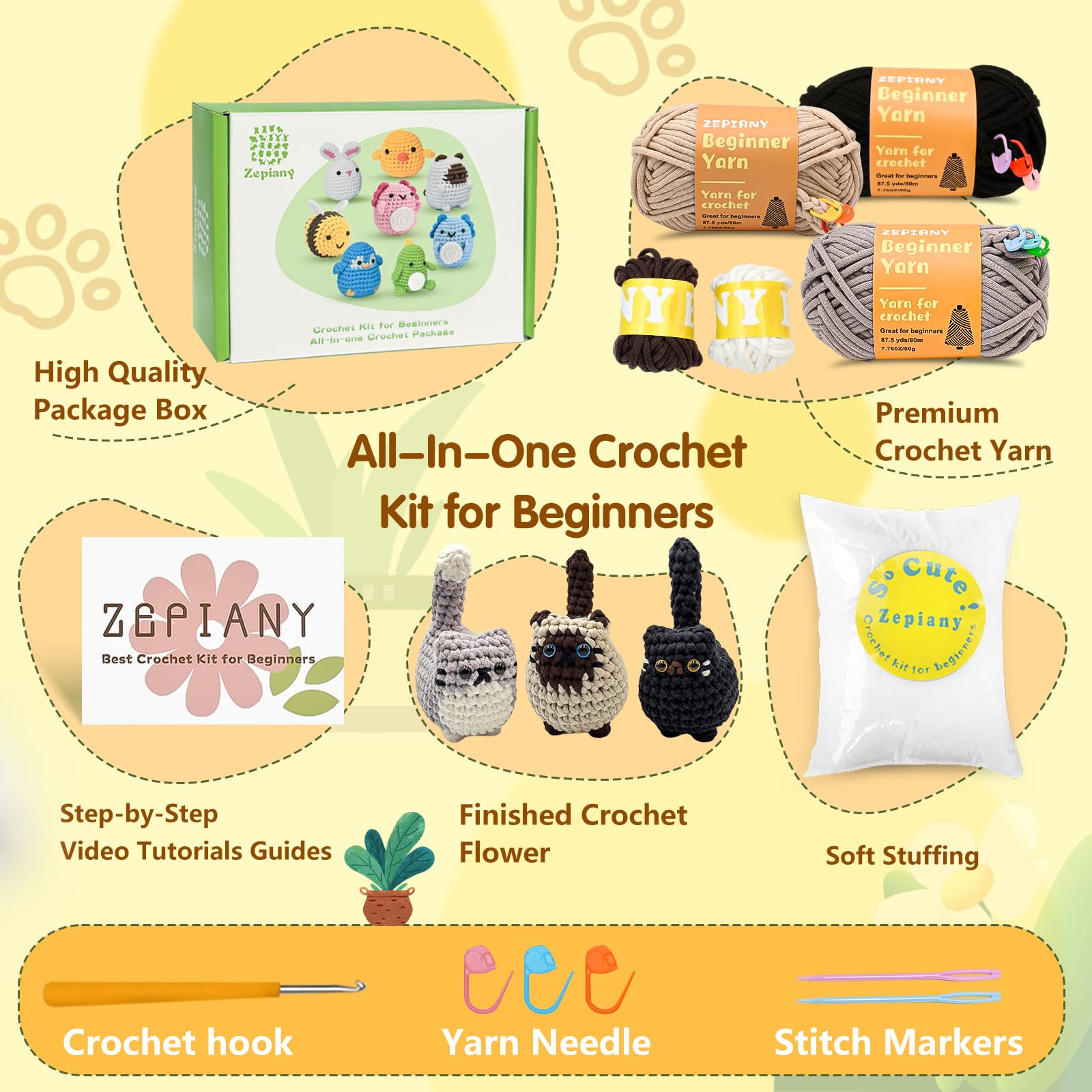 Crochet Kit for Beginners, Crochet Cat Beginner Crochet Kit for Adults, Amigurumi Crochet Animals Cat Crafts Crochet Kits, Easy Knitting Kit