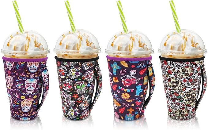 4Pack Reusable Iced Coffee Sleeve Insulator Sleeves for Cold Drinks Beverages, Neoprene Cup Holder for Most Coffee, Fits 30-32oz Large Cups (Sugar Skull with handle)