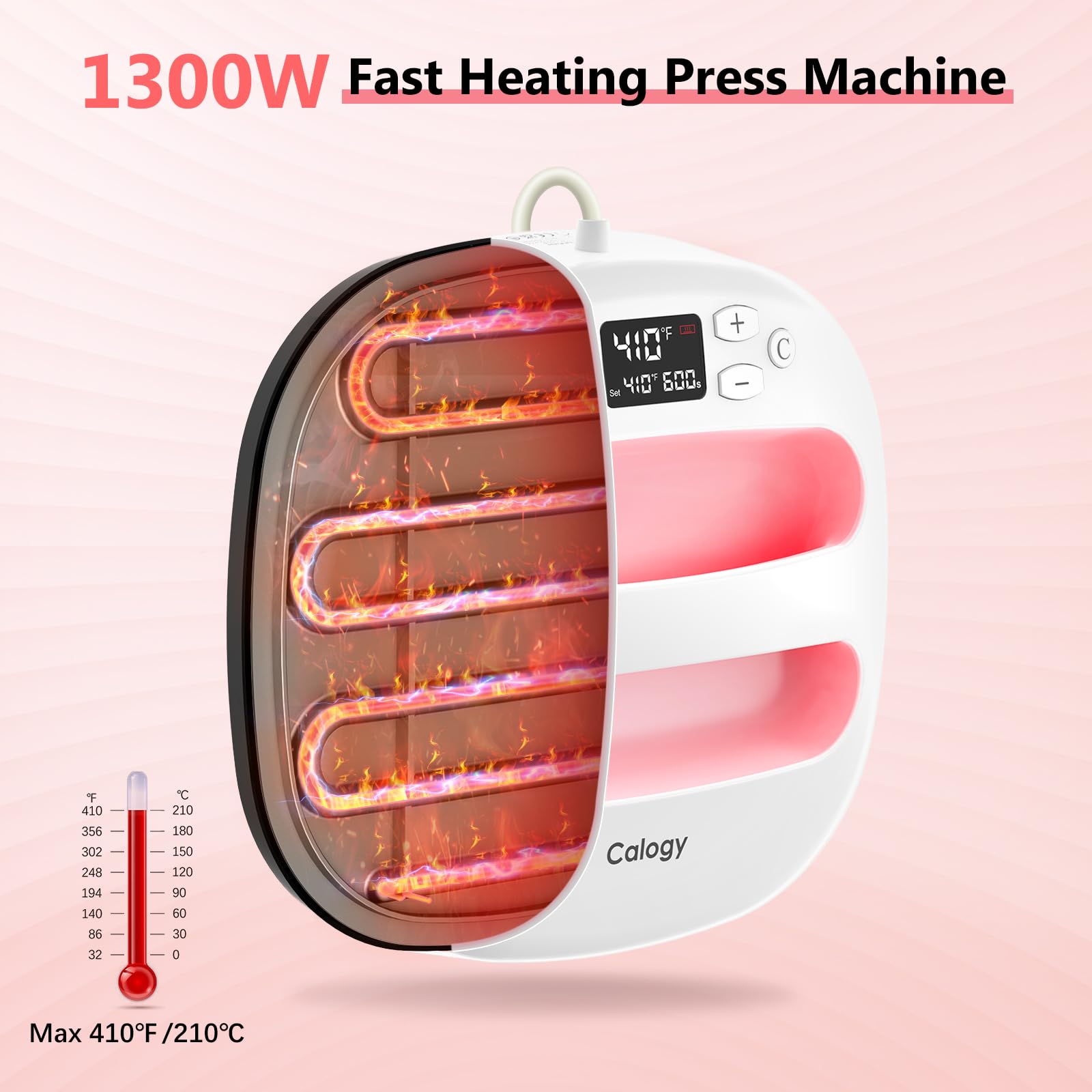 Calogy Heat Press Machine for T-Shirts 10"X10", Portable Heat Press Fast Up to 410℉(210 ºC), Precise Temp Control, 15 Mins Auto Off for Bag, Pillows, Sublimation Vinly Transfer (White Pink-10 * 10IN)