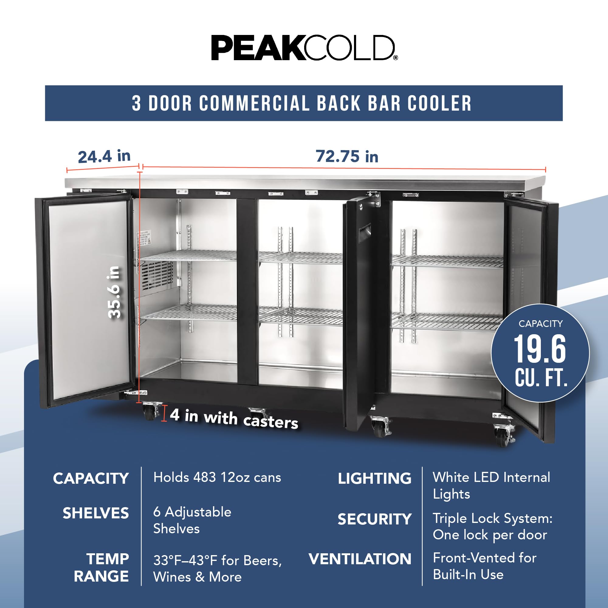 Peakcold 3-Door Counter Height Beverage Refrigerator - 73" Wide Energy Efficient Solid Black Beer Cooler & Bar Fridge With White LED Lighting - Commercial Back Bar Cooler on Fridge.com - View 6