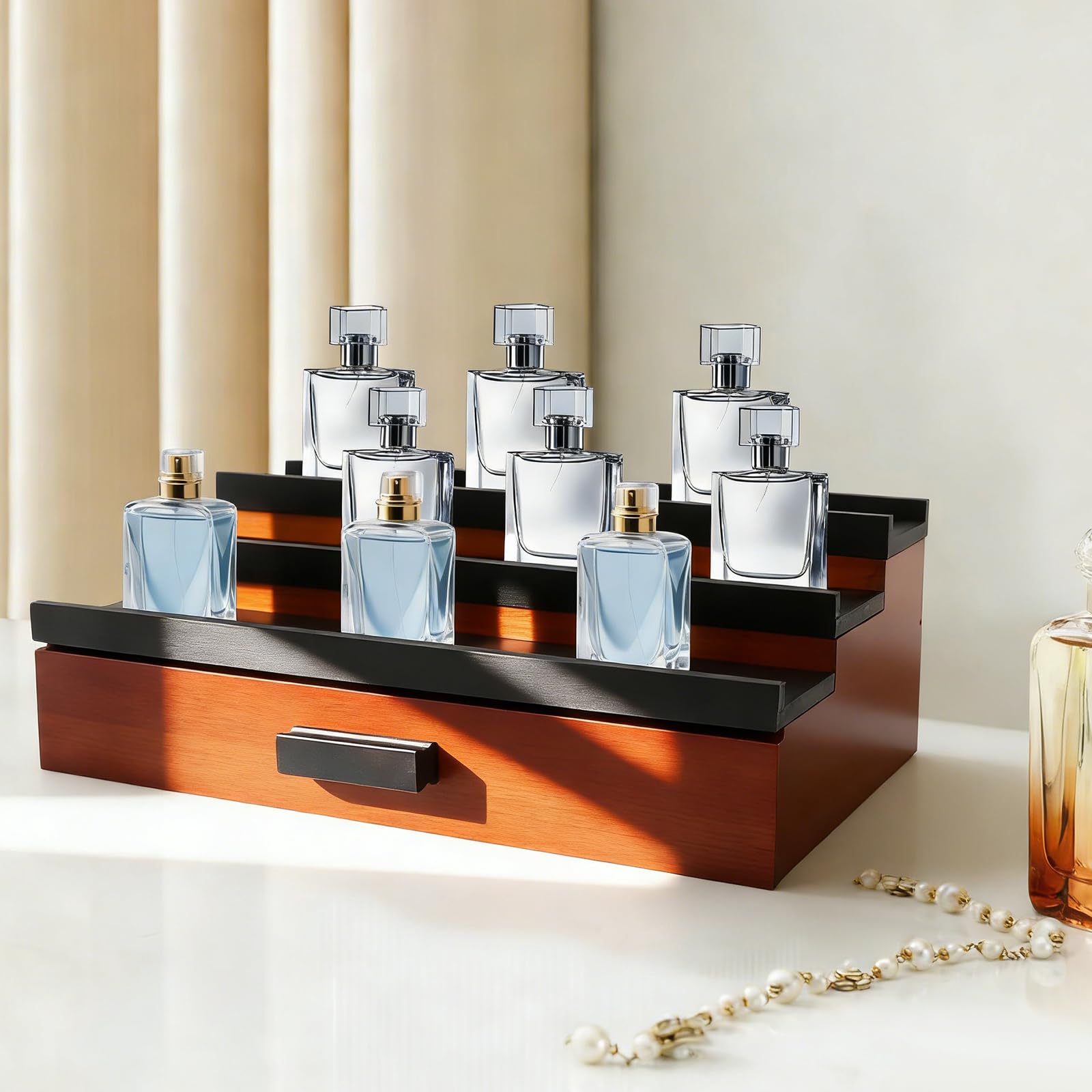 3-poziomowy organizer na perfumy, drewniany, do użytku w domu i hotelu, stopniowy organizer na perfumy, nadaje się do przechowywania perfum, w różnych rozmiarach, 32 x 21,84 x 10,41 cm