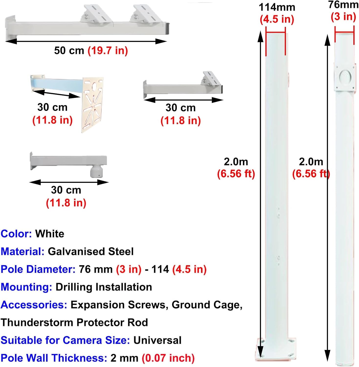 Universal Surveillance Camera Pole with 4 Brackets, Adjustable 8-20 ft/IP Camera Post Stand for Enhanced Security Monitoring, Durable Splicing Tubes (4.0 m / 13.1 ft)