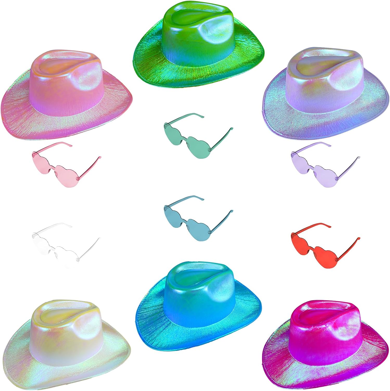 12 Pcs Holographic Space Cowgirl Hat with Heart Glasses Disco Cowgirl Hat Neon Cowboy Hat and Rimless Sunglasses for Women Party (Multicolor)