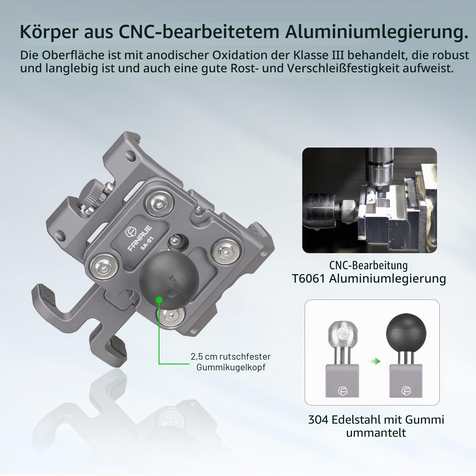 FANAUE Handyhalterung mit 2,5 cm Kugel, kompatibel mit RAM-Halterungen, B-Größe, Doppelbuchsenarm und Fahrrad-Handyhalterung aus Aluminiumlegierung, geeignet für 14-17,8 cm Smartphones mit