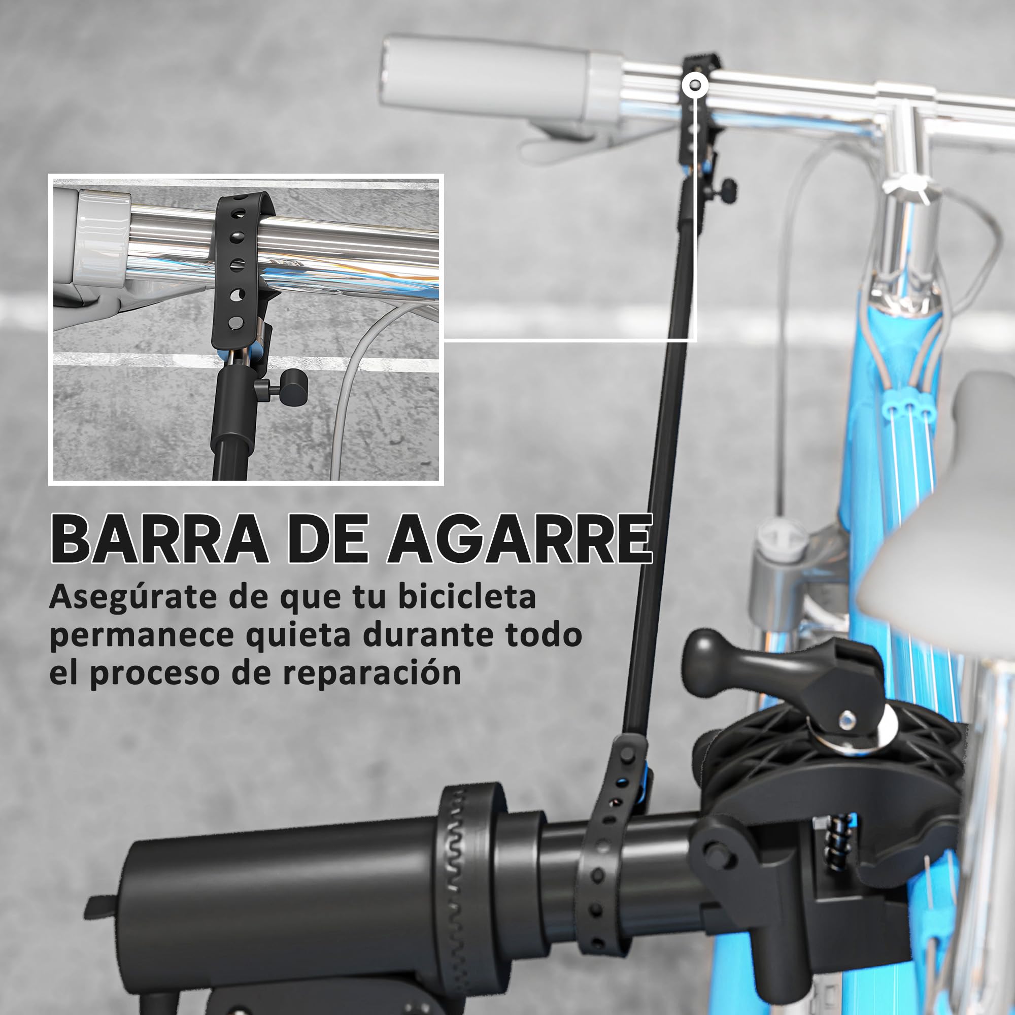 HOMCOM Soporte Tallar Bicicleta de Aluminio, Caballete para Bicicleta Plegable con Bandeja Magnética, Altura Ajustable 107-160 cm y Giratoria 360°, Caballete de Reparación de Bici Carga 40 kg, Negro