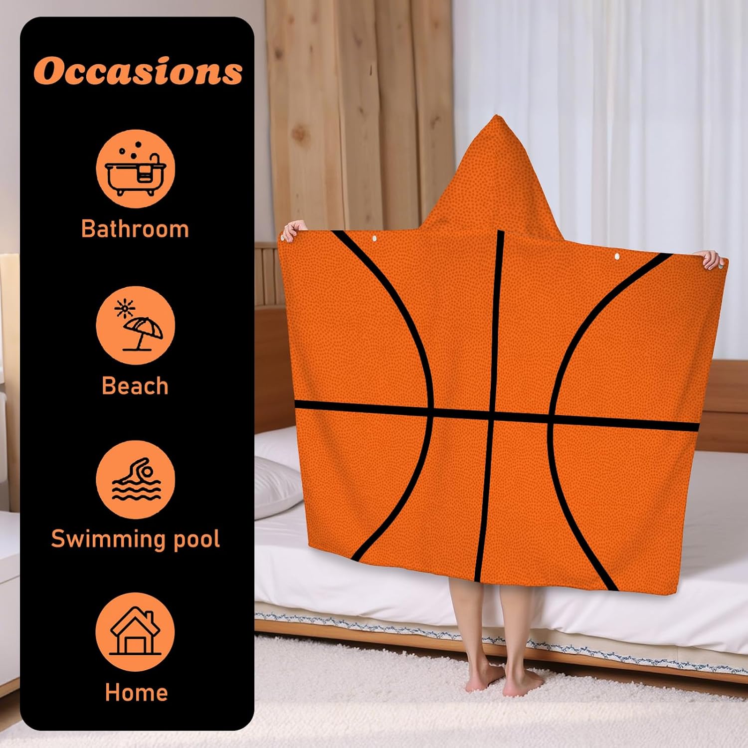 Hooded Towels for Kids Basketball 50" x 30" Toddler Bath Beach Towel Poncho with Hood Super Soft and Absorbent 100% Microfiber for Boys Ages 3-10 - Image 5