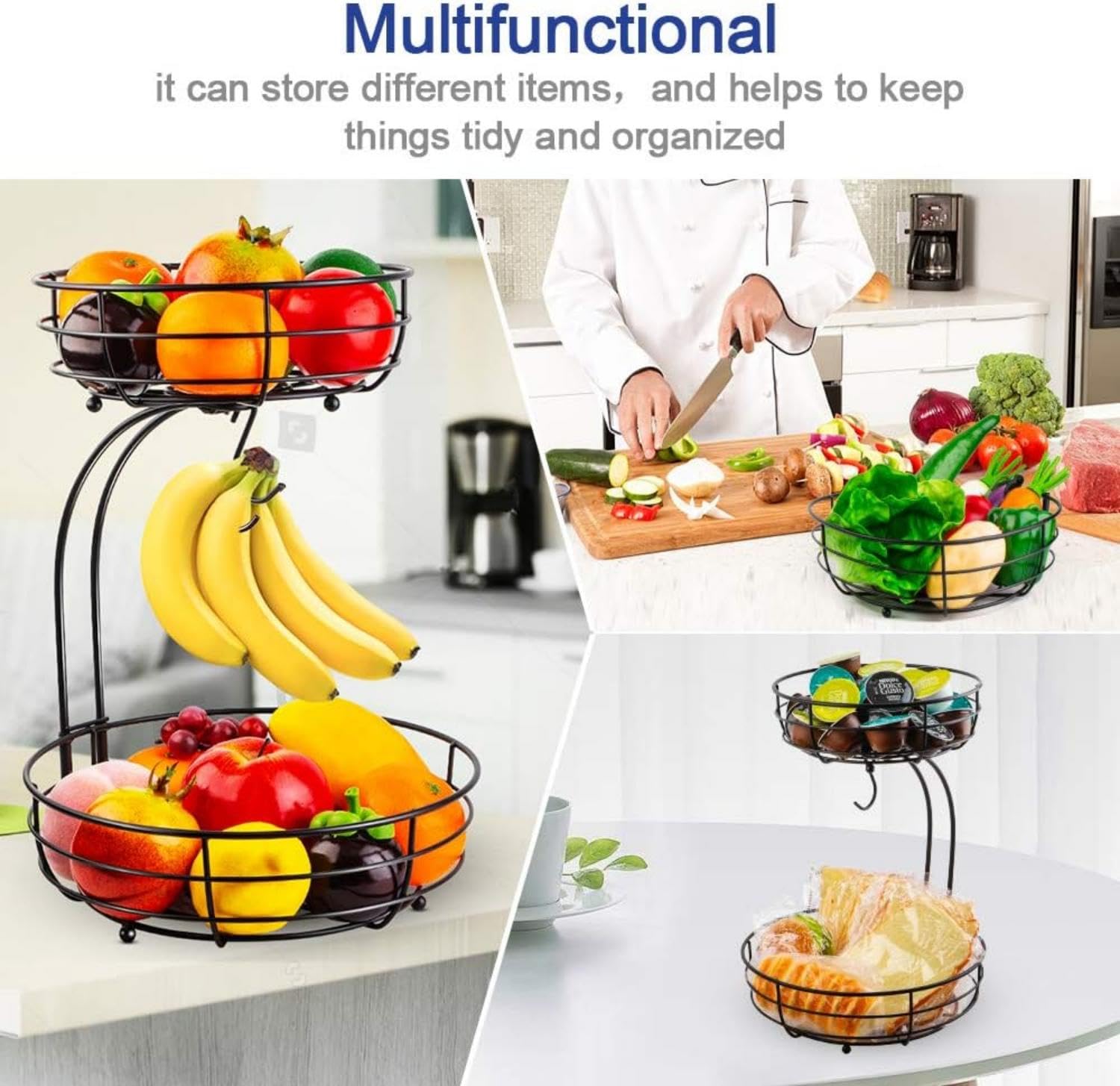 Cestino per frutta a 2 ripiani con porta banana in metallo – cesto frutta moderno da cucina, ciotola per frutta e verdura, cestino decorativo da appoggio, ideale per frutta, snack e pane