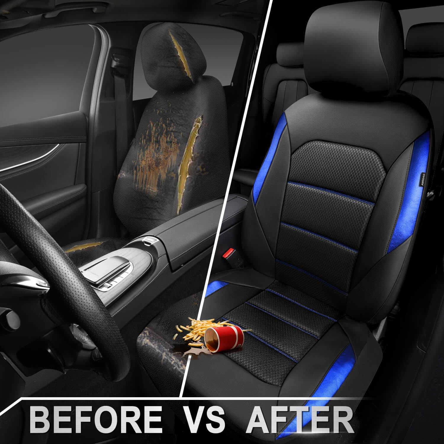 CAR PASS Memory Foam Leather Seat Covers,Air Cool Mesh Thick Car Seat Covers Front Seats Blue Leather Seat Covers for Cars Universal for SUVs Trucks,Airbag Compatible Comfort Durable,Black Blue Metal