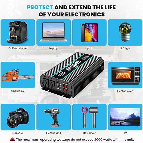 Miniatura 5 de Inversor de onda sinusoidal pura de 2000 vatios, 12 V CC a 110/120 V CA, inversor de corriente alterna con 2 salidas de CA, puerto USB de 3.1 A