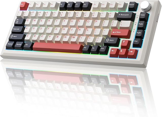 Y75 Wireless Mechanical Keyboard,75% Hot Swappable Custom Keyboard with Knob,RGB Backlit, PBT Keycaps,2.4GHz/USB-C/BT5.0 Mechanical Gaming Keyboards(White&Red,Milk Switch)