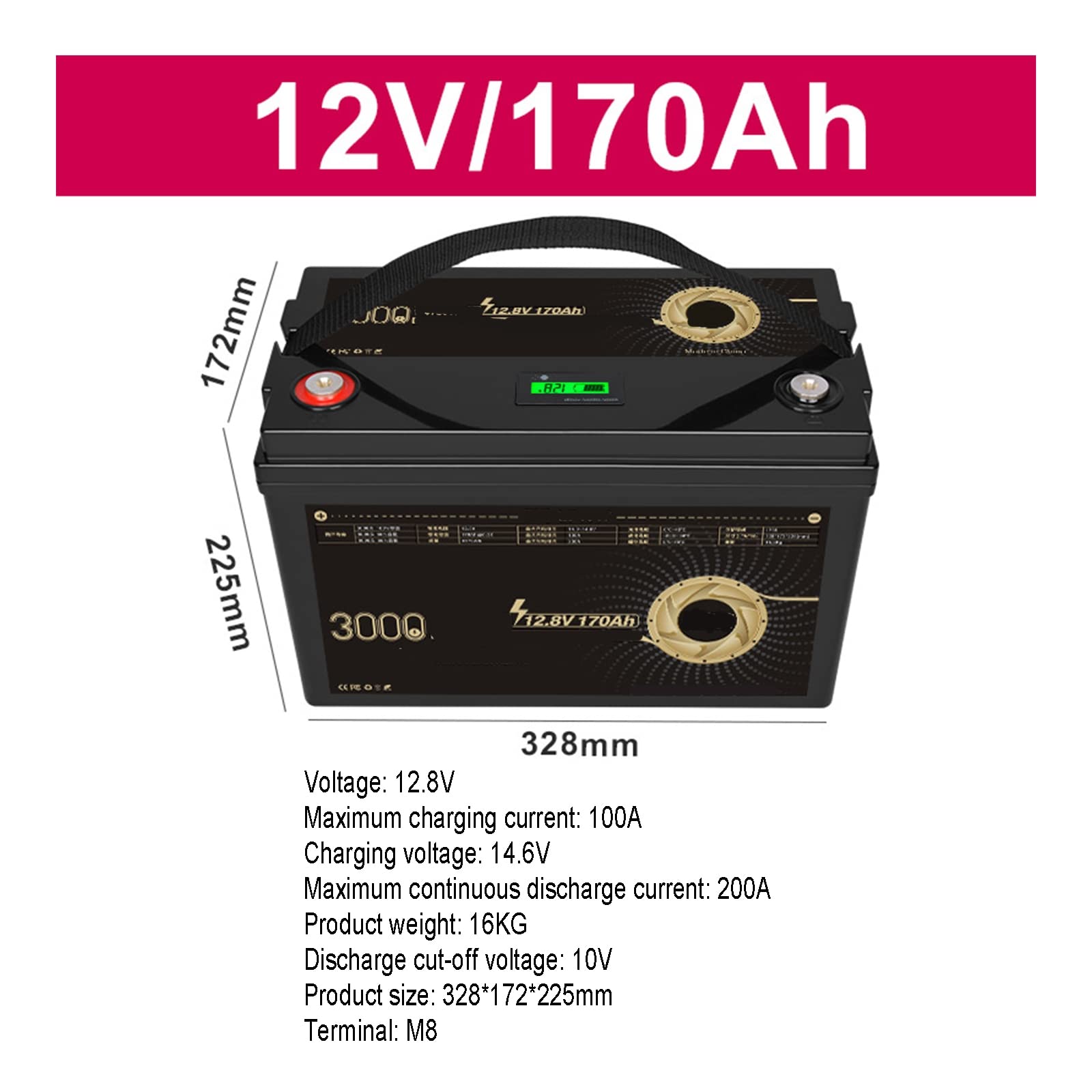TGHY Akumulator litowy 12 V LiFePO4, do ponownego ładowania, 3000+ cykli głębokich i ochrona BMS, do systemów solarnych, kamperów, łodzi, gospodarstwa domowego i zastosowań przemysłowych, 170 Ah