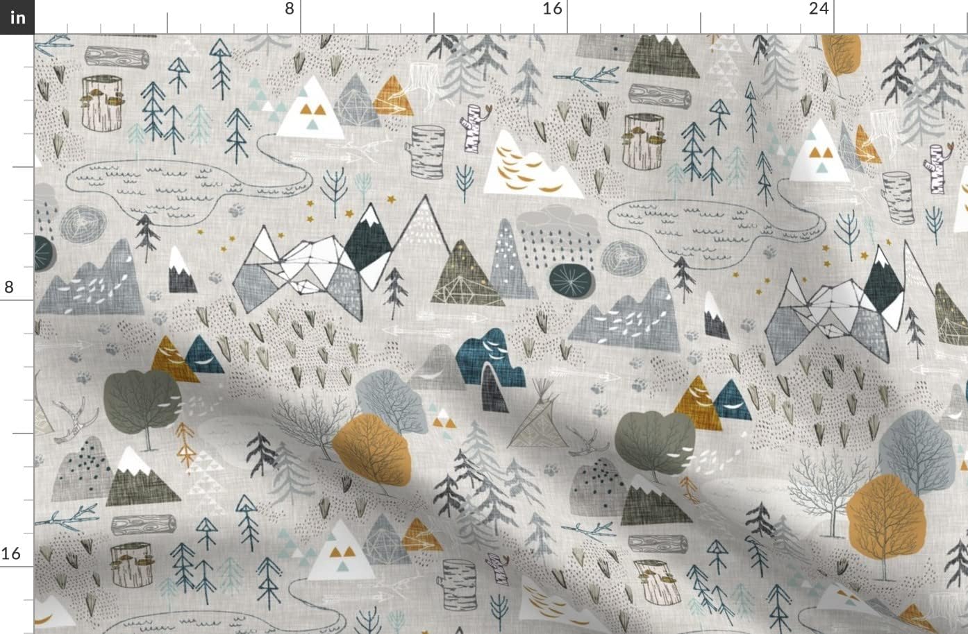 Spoonflower Fabric - Woodland Forest Woods Wilderness Adventure Explore Gray Mustard Blue Printed on Polartec(R) Fleece Fabric by The Yard - Sewing Blankets Loungewear and No-Sew