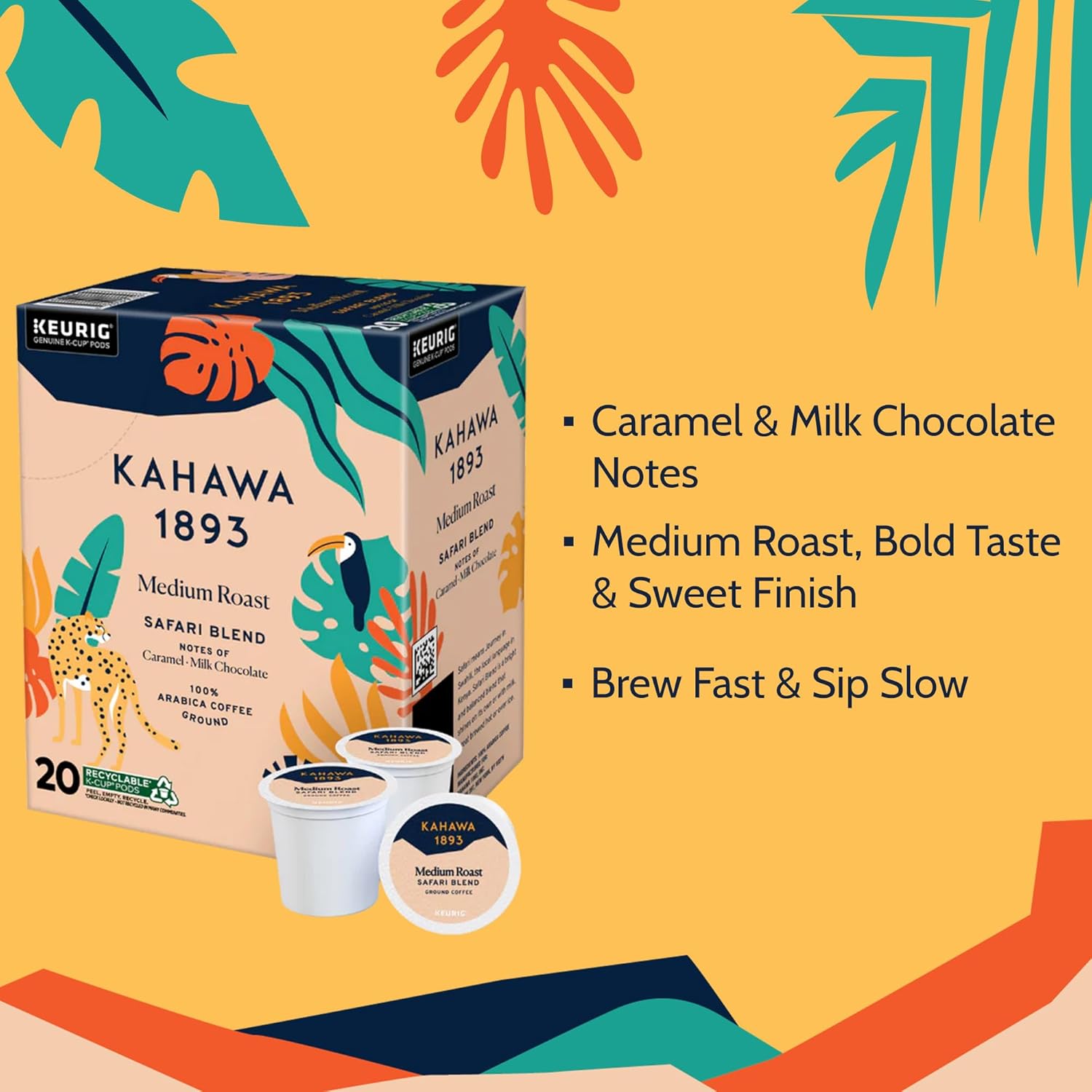 Kahawa 1893 Medium Roast Coffee K-Cup Pods Safari Blend (20 Count) - As Seen on Shark Tank, High Antioxidants, Naturally Sweet, Organically Grown & Cultivated, Ethically & Sustainably Sourced