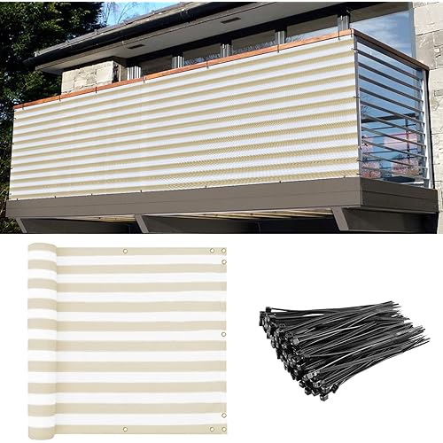E&K Balcony Privacy Screen for Deck Yard Patio Pool 3'x88' Privacy Fence Screen Porch Yard Backyard Railings Chain Link Fence Dog Fencing Privacy Screen Cover with Zip Ties Beige White Strip