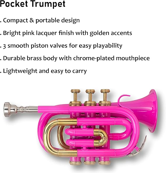 Qeen Brass Bb Pocket Trumpet in Pink with Case and Mouthpiece Compact Brass Instrument for Beginners and Students