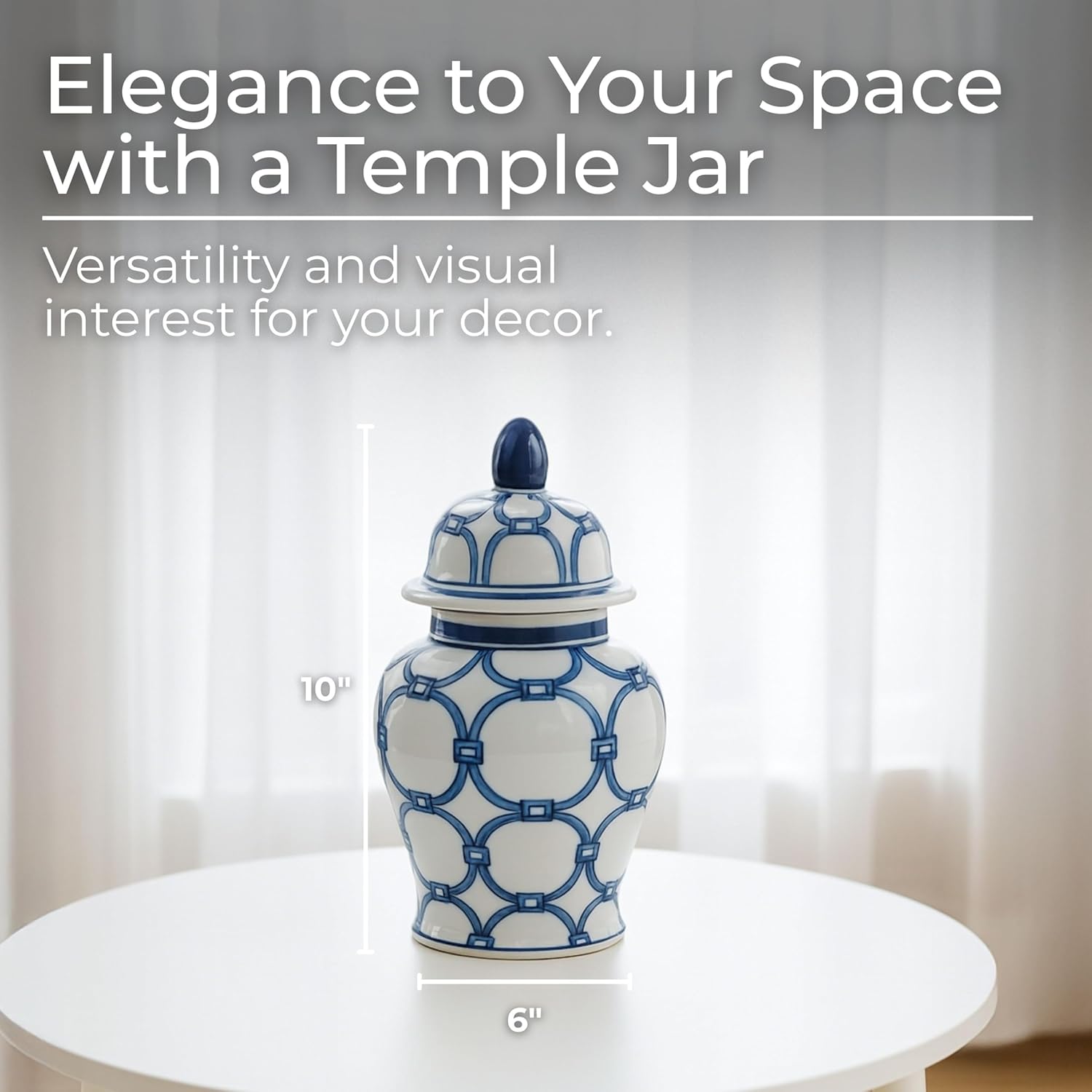 Decorative Ceramic Temple Jar for Living Room Decor - Stylish Home Decor for Bedroom, Office, and Table Centerpiece - Modern Flower Vase for House Accent, Entryway, or Kitchen - 11", Blue & White