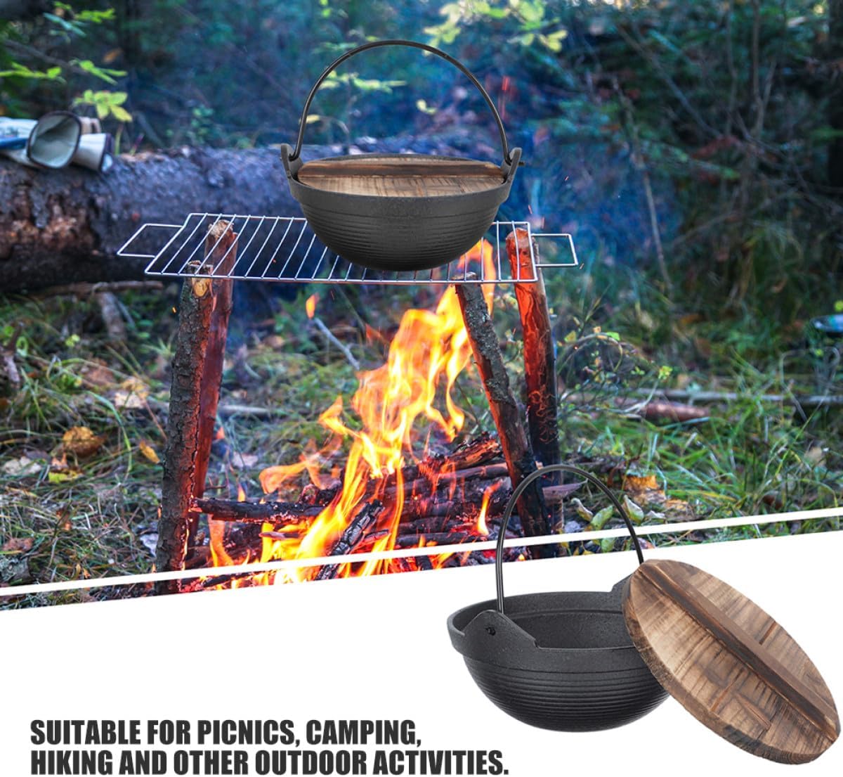 Japanese Cast Iron Hot Pot with Wooden Lid 20Cm Hanging Sukiyaki Cooking Pot for Outdoor Camping High Temperature Resistant Iron Cookware for Picnic