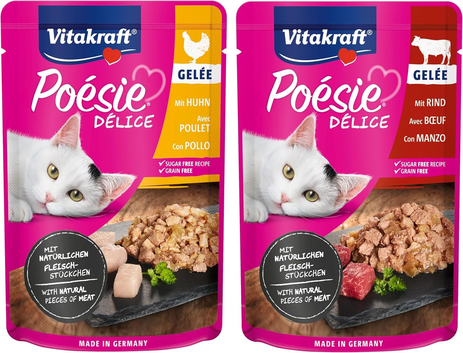 Vitakraft Poésie Délice, Country selection, nourriture humide pour chats, en gelée, avec du poulet, du bœuf (1 paquet de 6x85g)