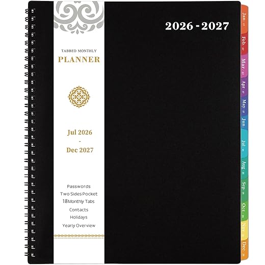 Monthly Planner 2026-2027 - JUL 2026 - DEC 2027 Planner/Calendar,18 Monthly Planner with Contacts & Passwords, 8.5" x 11" Planners 2026-2027, Colorful Tabs, Thick Paper, Black