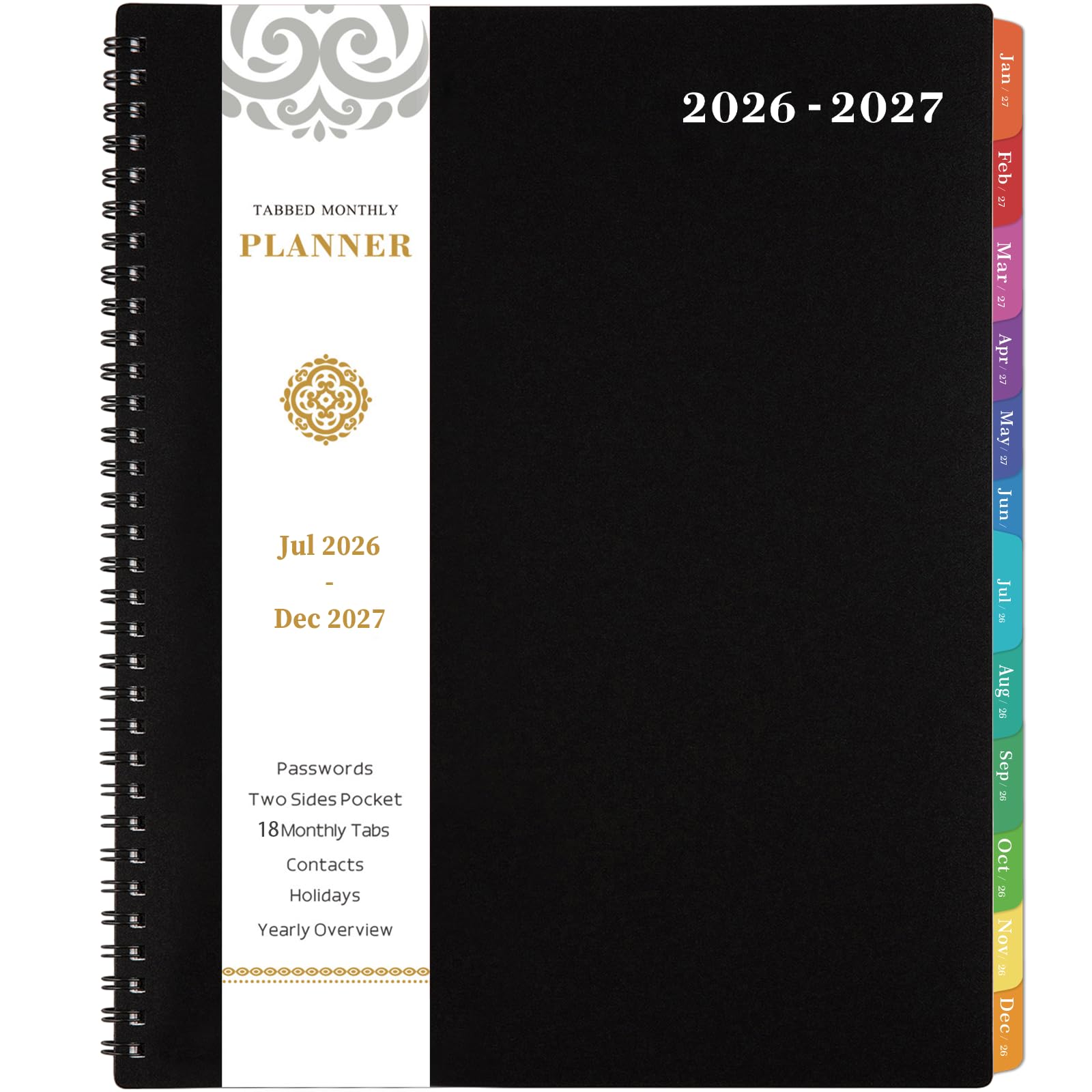 Monthly Planner 2026-2027 - JUL 2026 - DEC 2027 Planner/Calendar,18 Monthly Planner with Contacts & Passwords, 8.5" x 11" Planners 2026-2027, Colorful Tabs, Thick Paper, Black