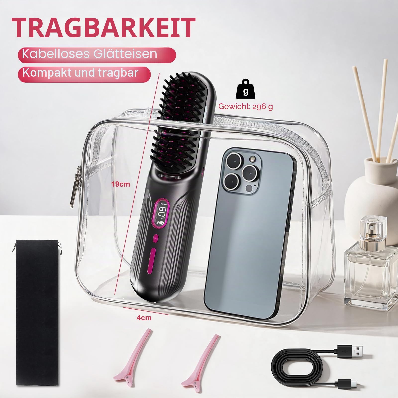 Kabellose Glättungsbürste 9600-mAh-Akku, mit Negativ-Ionen | 12 Temperaturstufen (120–230 °C), Glätteisen USB-Aufladung, Flugmodus, Heizbürste Ideal für Reisen, mit Ladestation