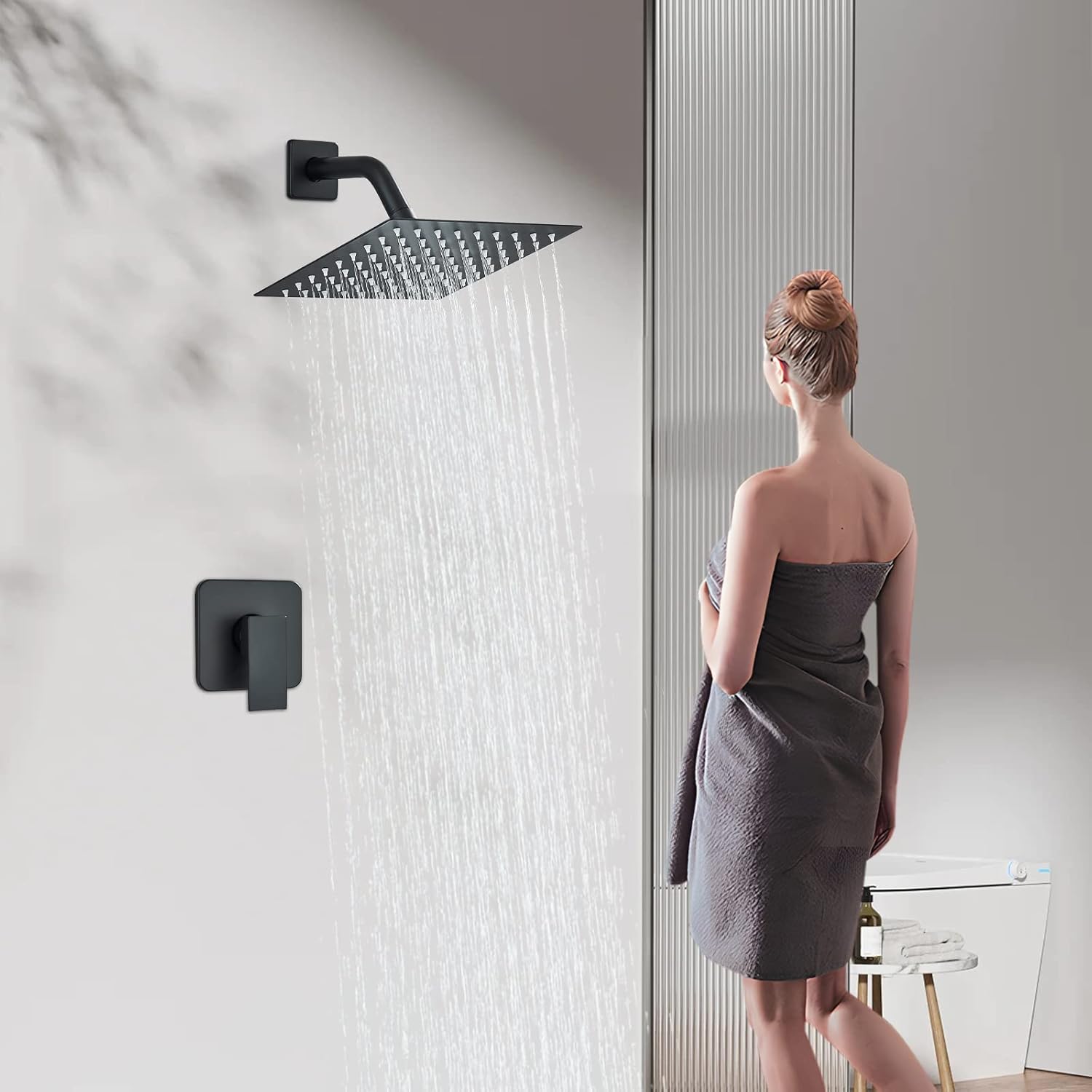 Shower Systems Black Shower Faucet Set Complete with 8" Rainfall Square Shower Head, Single Handle Shower Fixtures, Shower Trim Kit with Brass Rough-in Shower Valve, Shower Head and Faucet Set - Image 2