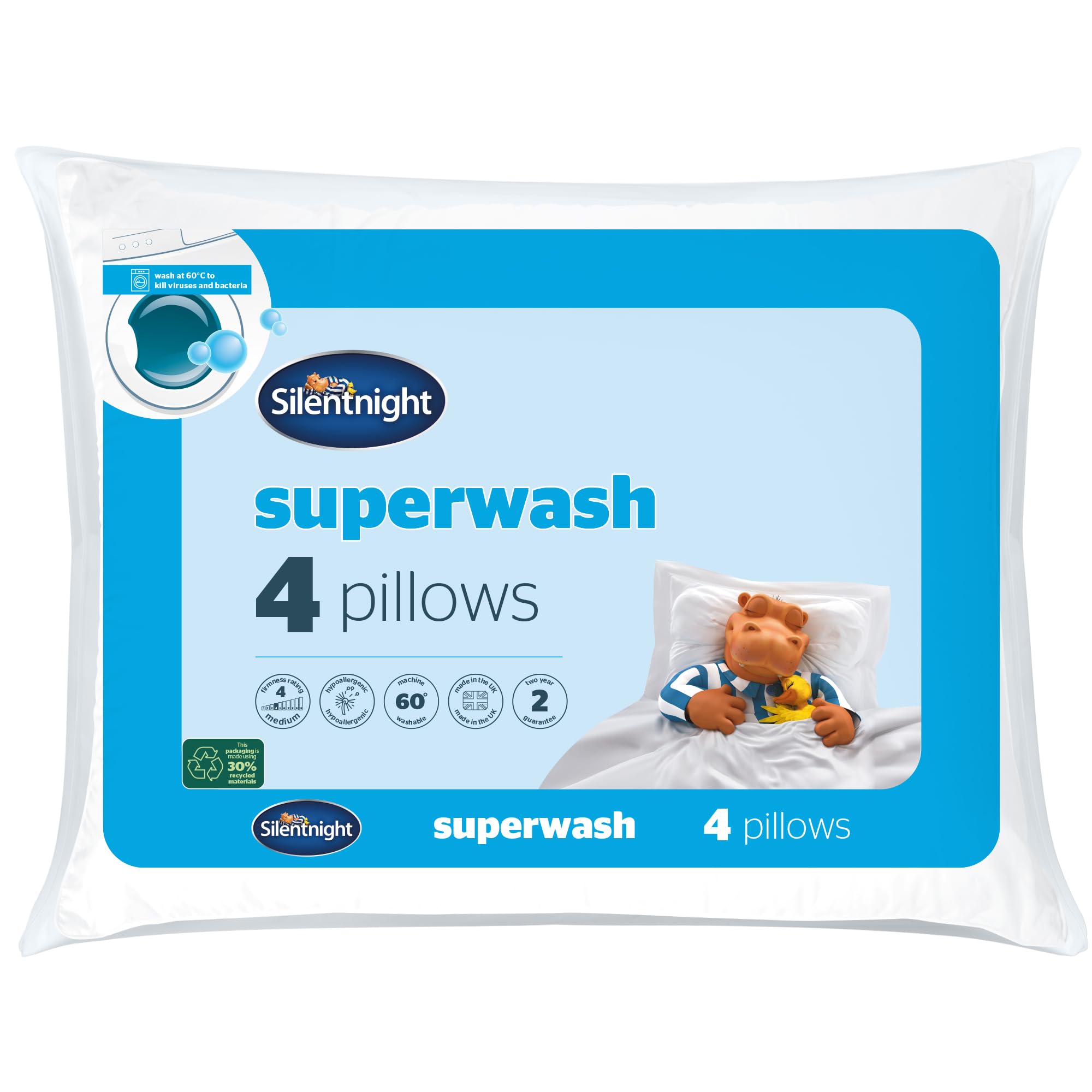 Silentnight White Superwash Pillows 4 Pack - Pack Of 4 Medium Support Pillows Designed To Withstand Repeated Machine Washing For Fresh And Hygienic Sleep - Hypoallergenic,