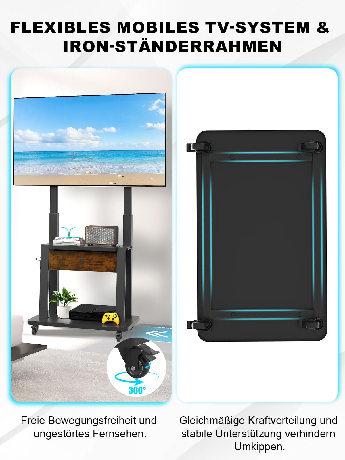 Rollbarer TV-Ständer mit Stoffschublade für 32-75 Zoll Flach/Curved-Bildschirme bis 100 kg LCD/LED/OLED höhenverstellbar mobilm mit Rollen für Zuhause Büro und den Außenbereich, max. VESA 600 x 400mm