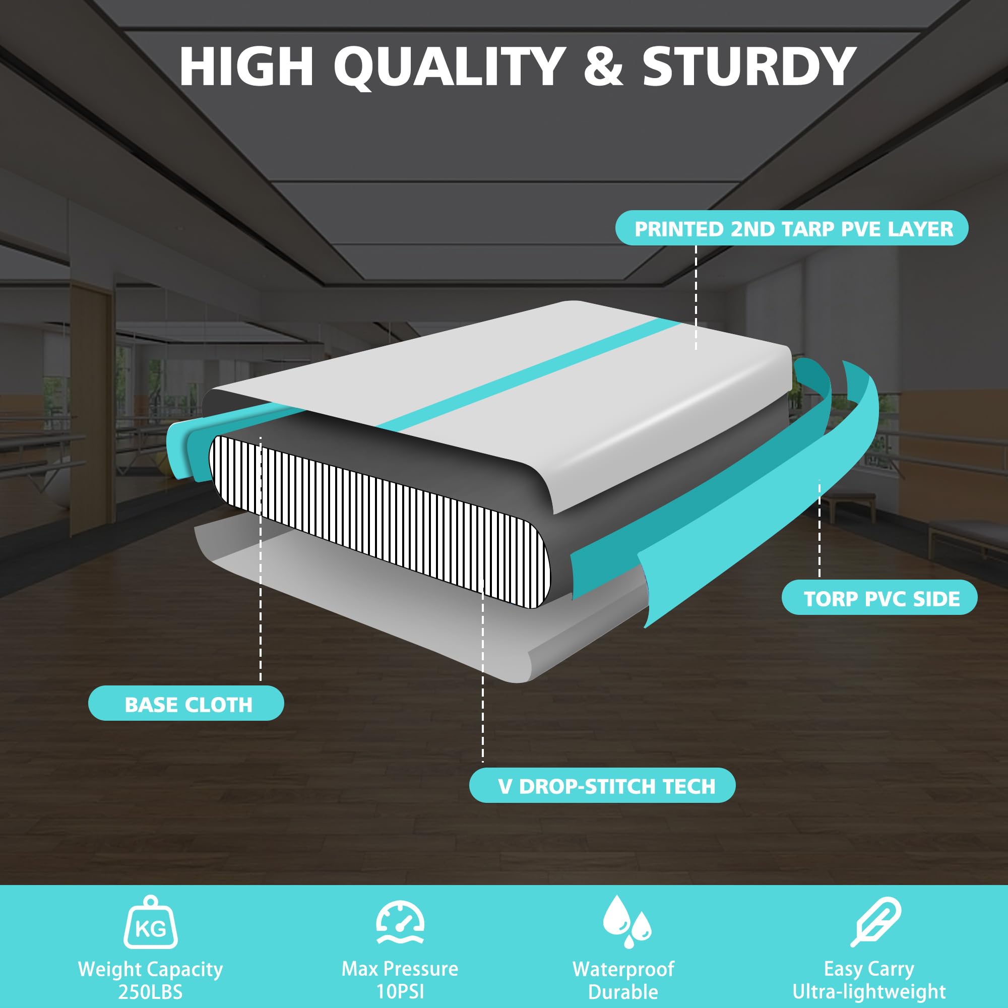 BPB Tapis de gymnastique gonflable. Tapis de gymnastique gonflable de 3 m pour usage domestique, entraînement, gymnastique, yoga, Pilates, arts martiaux, la plage, la mer