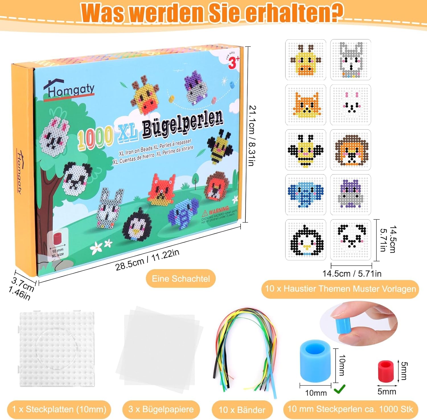 Homgaty Large 10mm Iron-On Animal Fuse Beads Set for Adult- 1000 Pieces XL Beads with 10 Animal, Templates, Boards & Ironing Paper - Creative Craft
