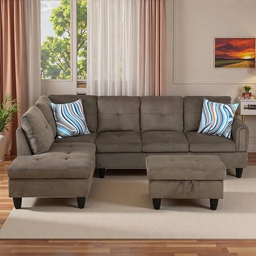 Vista 11 de Sofá modular de cuero en forma de L de 3 piezas – Sofá modular convertible con diván móvil y otomana de almacenamiento, uso multiescenario para sala