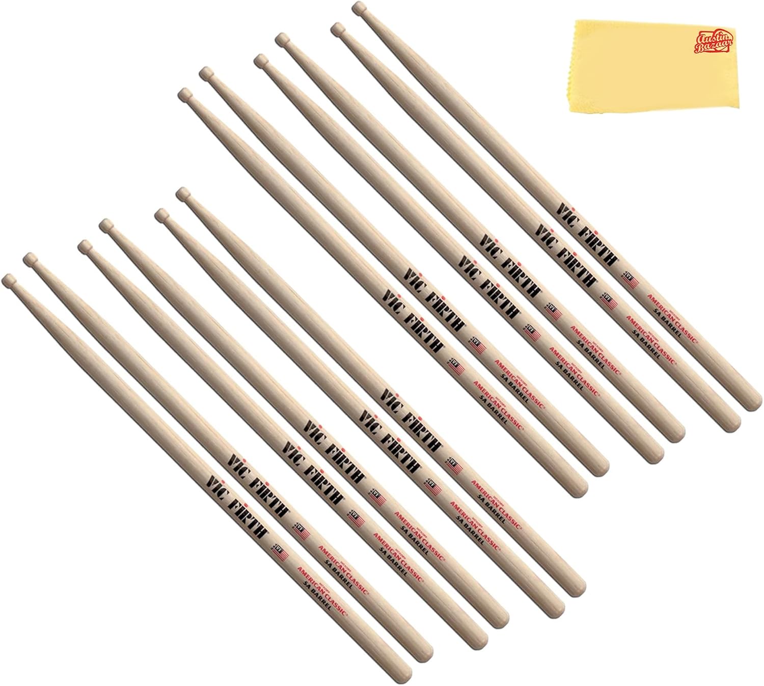 Vic Firth American Classic 5A Wood-Tipped Drumsticks - 6 Pack with Austin Bazaar Polishing Cloth