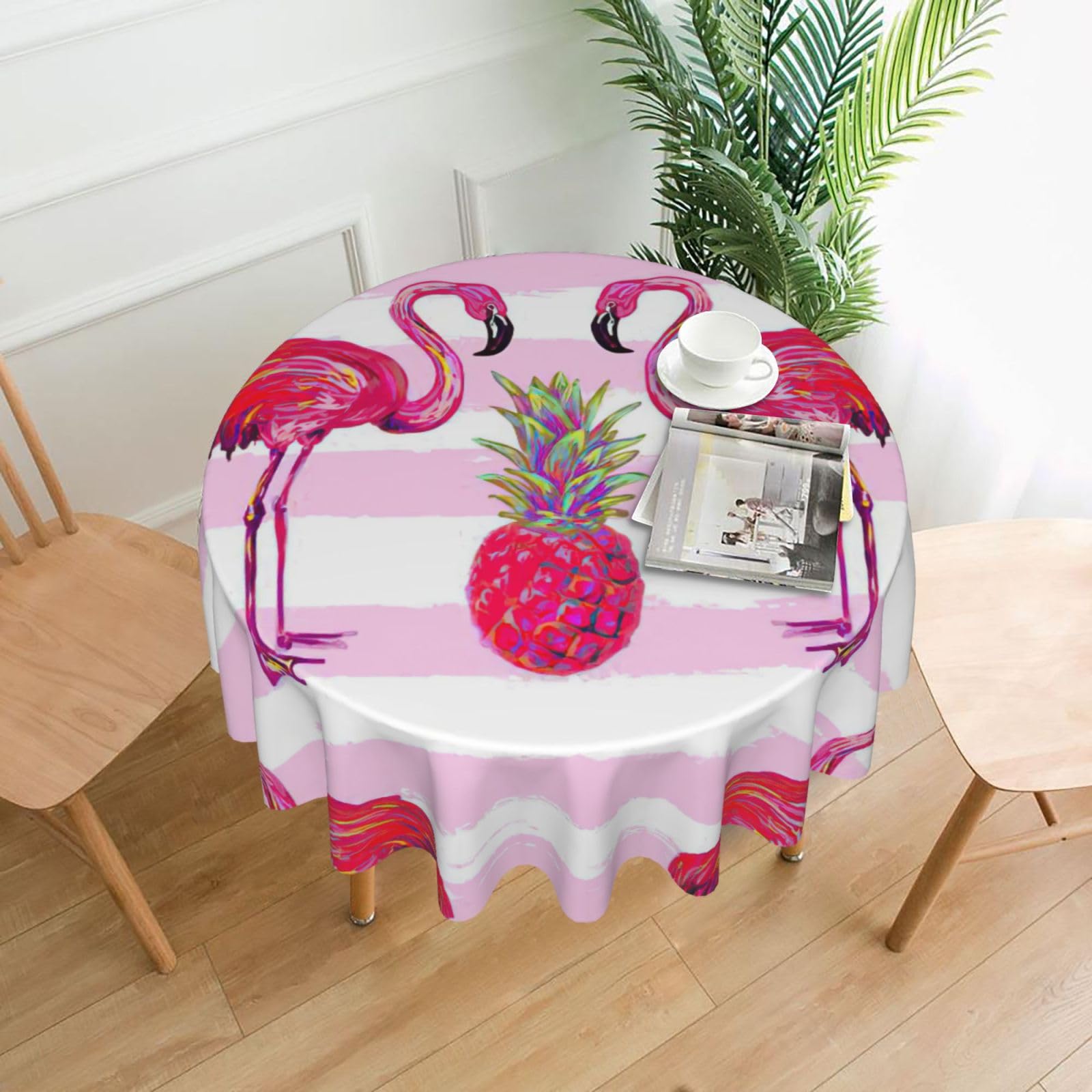 Uusnwaa Summer Tropical Flamingo And Pineapple Print Round Tablecloth 60 Inch, Stain Wrinkle Resistant Washable Polyester Table Cover For Kitchen Party