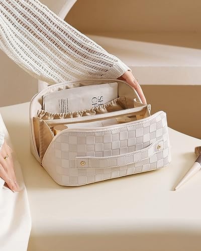 Miniatura 56 de EACHY - Bolsa de maquillaje de viaje, bolsa de cosméticos de gran capacidad para mujeres, portátil, impermeable, bolsa de aseo plana abierta