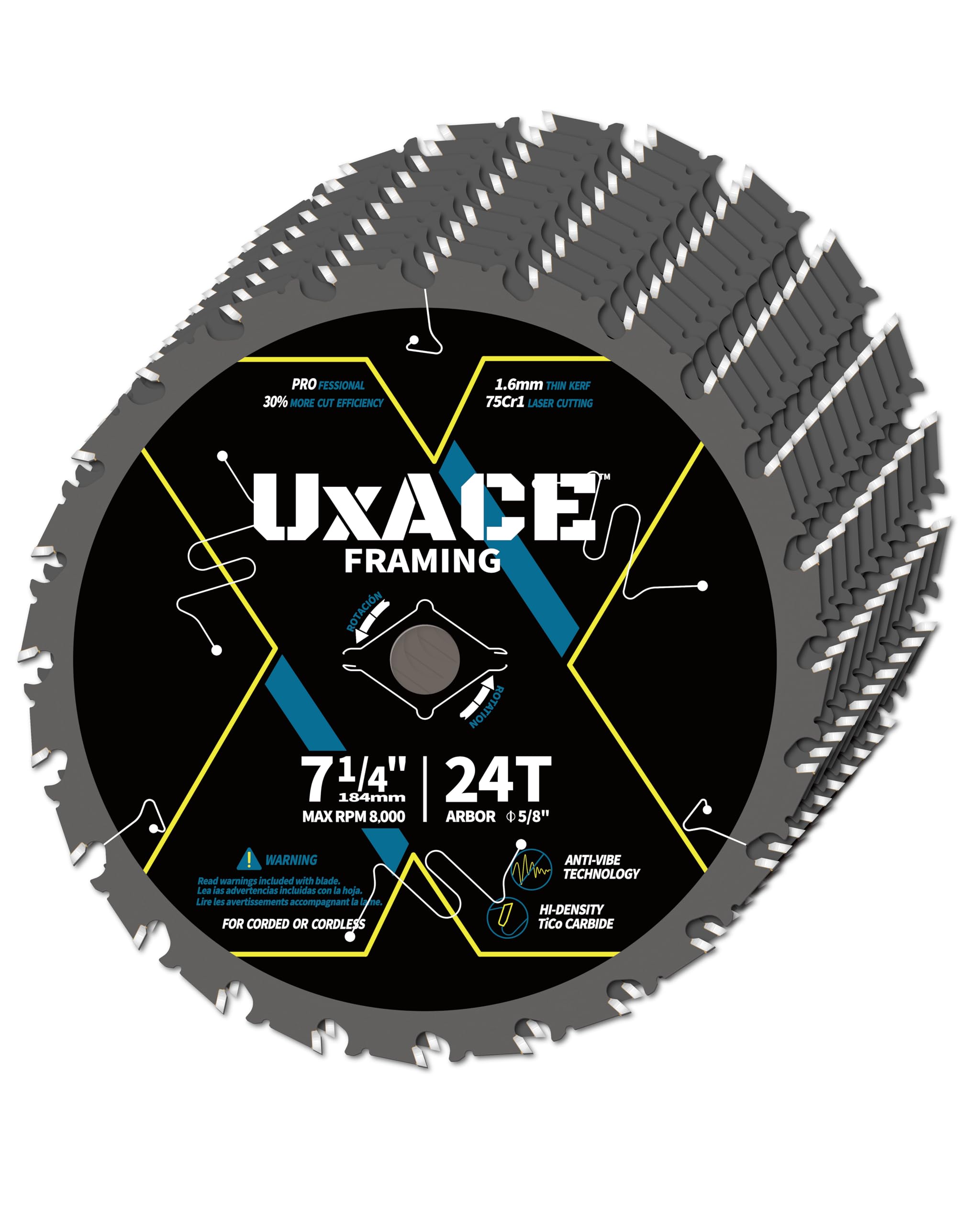 UXACE 7-1/4-Inch 24-Tooth Circular Saw Blade with 5/8-Inch Arbor, Framing Wood Cutting, Carbide Tip, Thin Kerf, for Plywood, MDF, OSB, Laminated, 10