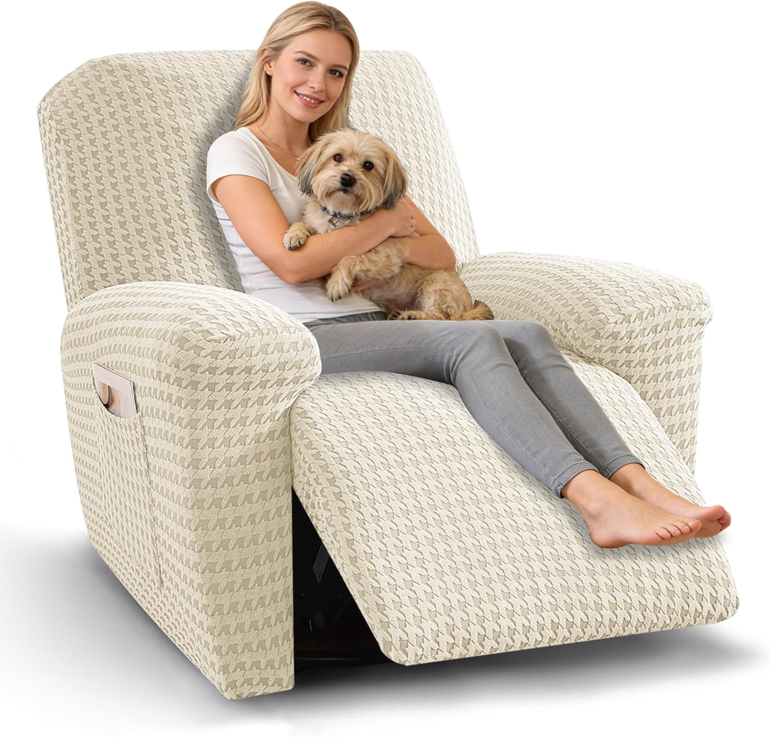 MAXIJIN Recliner Couch Cover, 5-Pieces Stretch Recliner Sofa Covers 3 Seater Reclining Couch Slipcovers Washable Furniture Protector with Pocket & Elastic Band (Dark Gray)