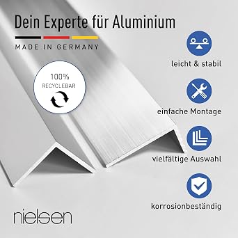 nielsen Aluminium Angle Profile Natural (Press Blank) 2000 x 10 x 10 mm Thickness: 1 mm Length: 200 cm Isosceles Made in Germany Corner Protection Profile Edge Protection End Profile Compensation Angle