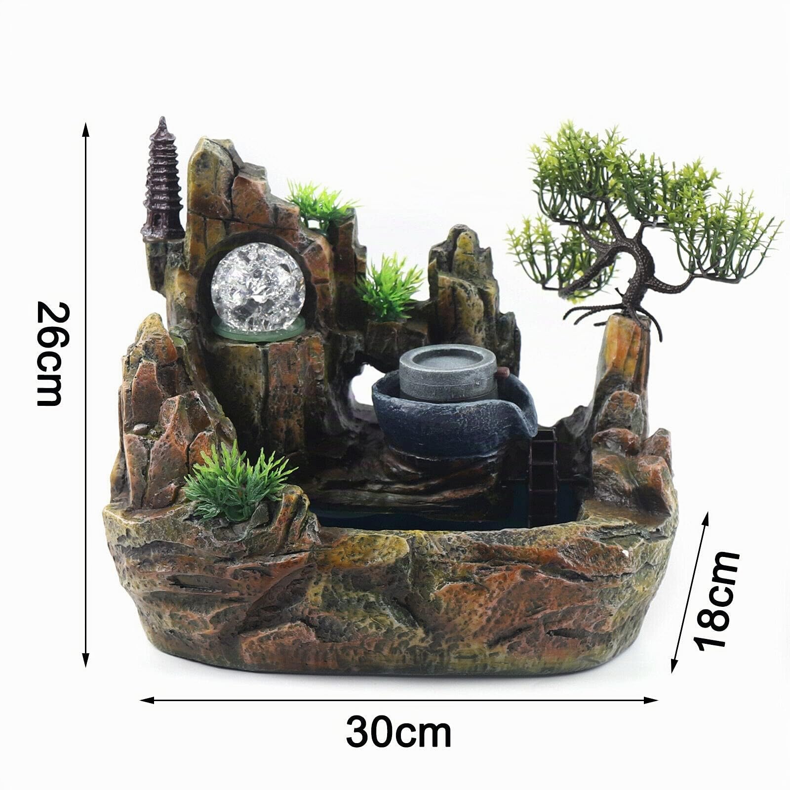 Fontaine d'intérieur Feng Shui Fontaine à jet avec boule de cristal LED et vaporisateur Fontaine de table avec jardin de pierres décoratives et étang Jeu d'eau de bureau Cascade