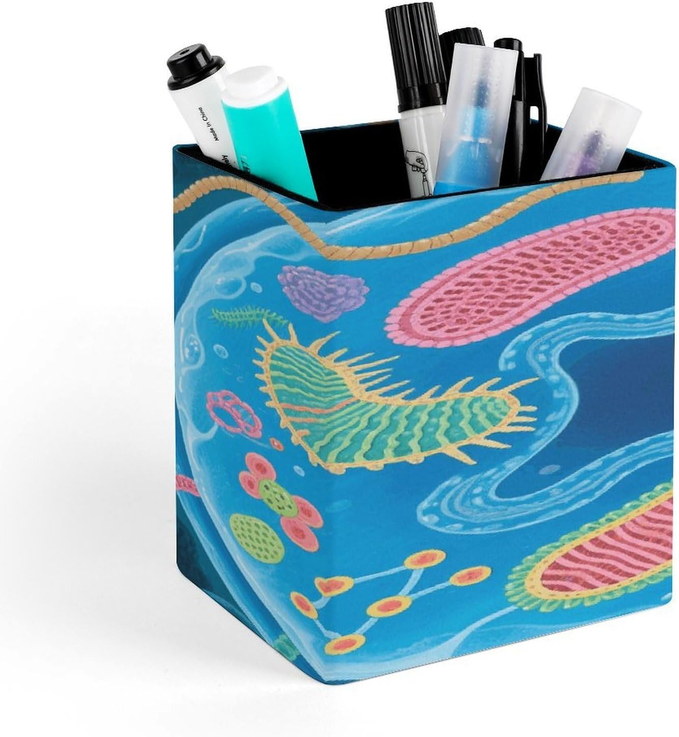 Biological Cell Structure PU Leather Pen Holder Square Desktop Organizer Waterproof & Non-slip Office Supply Storage Box for Home Vanity Professional Workspace