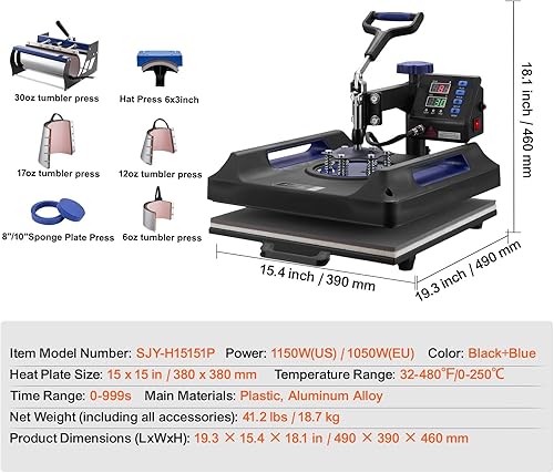 Miniatura 7 de Happybuy Máquina de prensa de calor, 15 x 15 pulgadas, transferencia de calor 8 en 1 con prensa de vaso de 30 onzas, prensa digital de camisetas