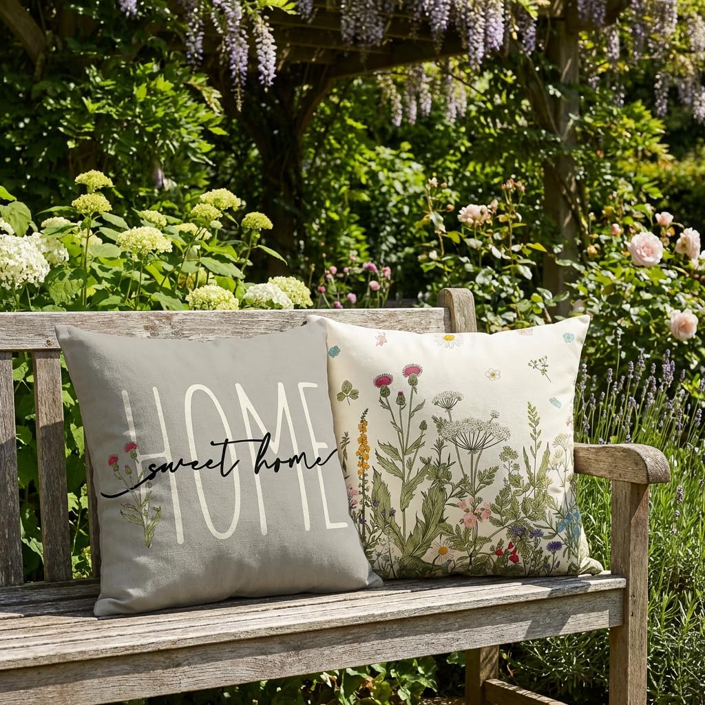 2er Set Wasserdichter Outdoor Kissenbezug 45x45 Grau, Grünpflanzen Design Gartenkissen, Sommer Modern Dekokissen, Doppelseitig & Muster, Leinen-Polyester für Balkon Garten Sofa Couch Wohnzimmer - 4