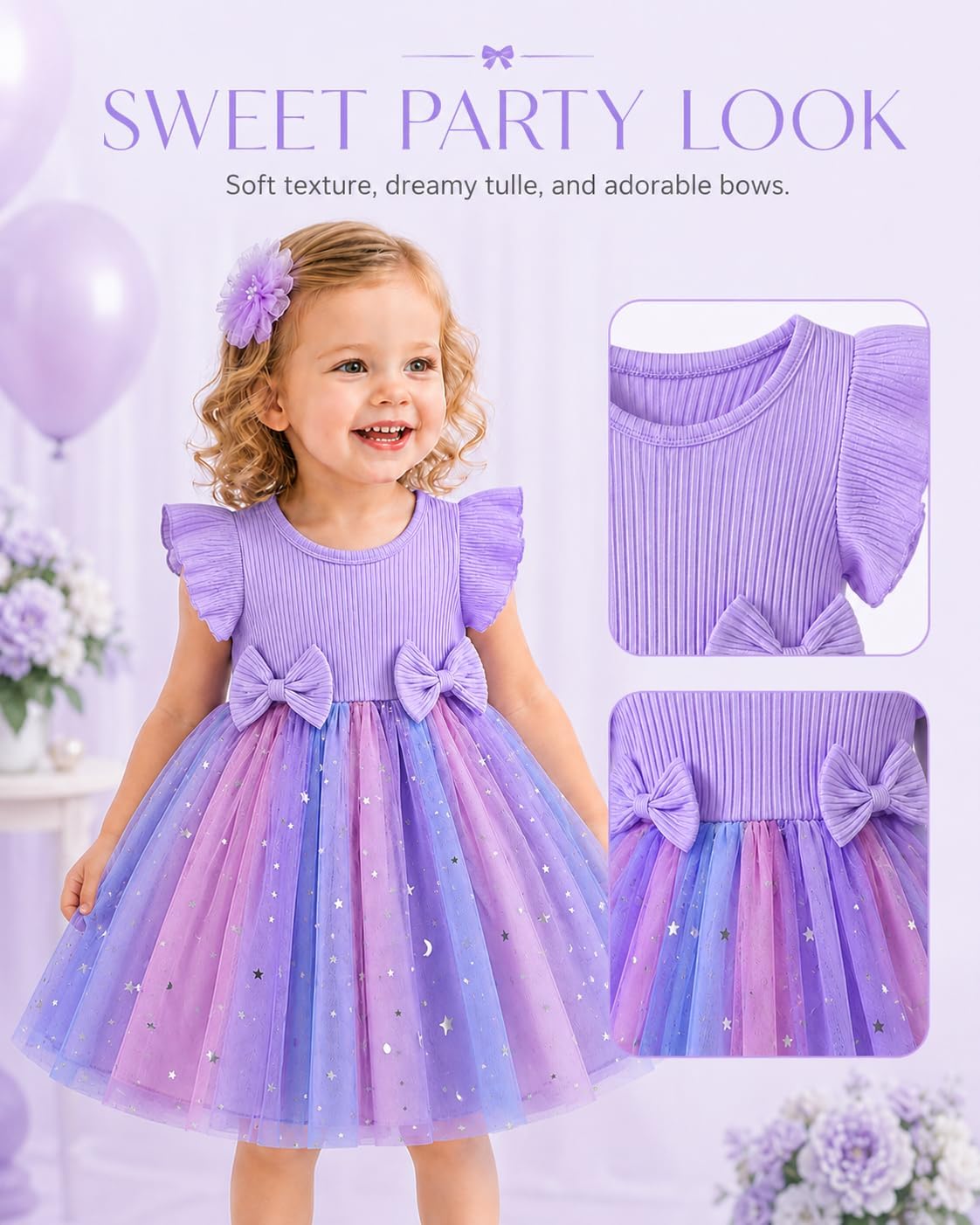 ChuYuKu Toddler Girl Summer Dress Ruffle Sleeve Princess Tulle Dress with Bow Sparkly Star Moon Birthday Party Wedding Outfit