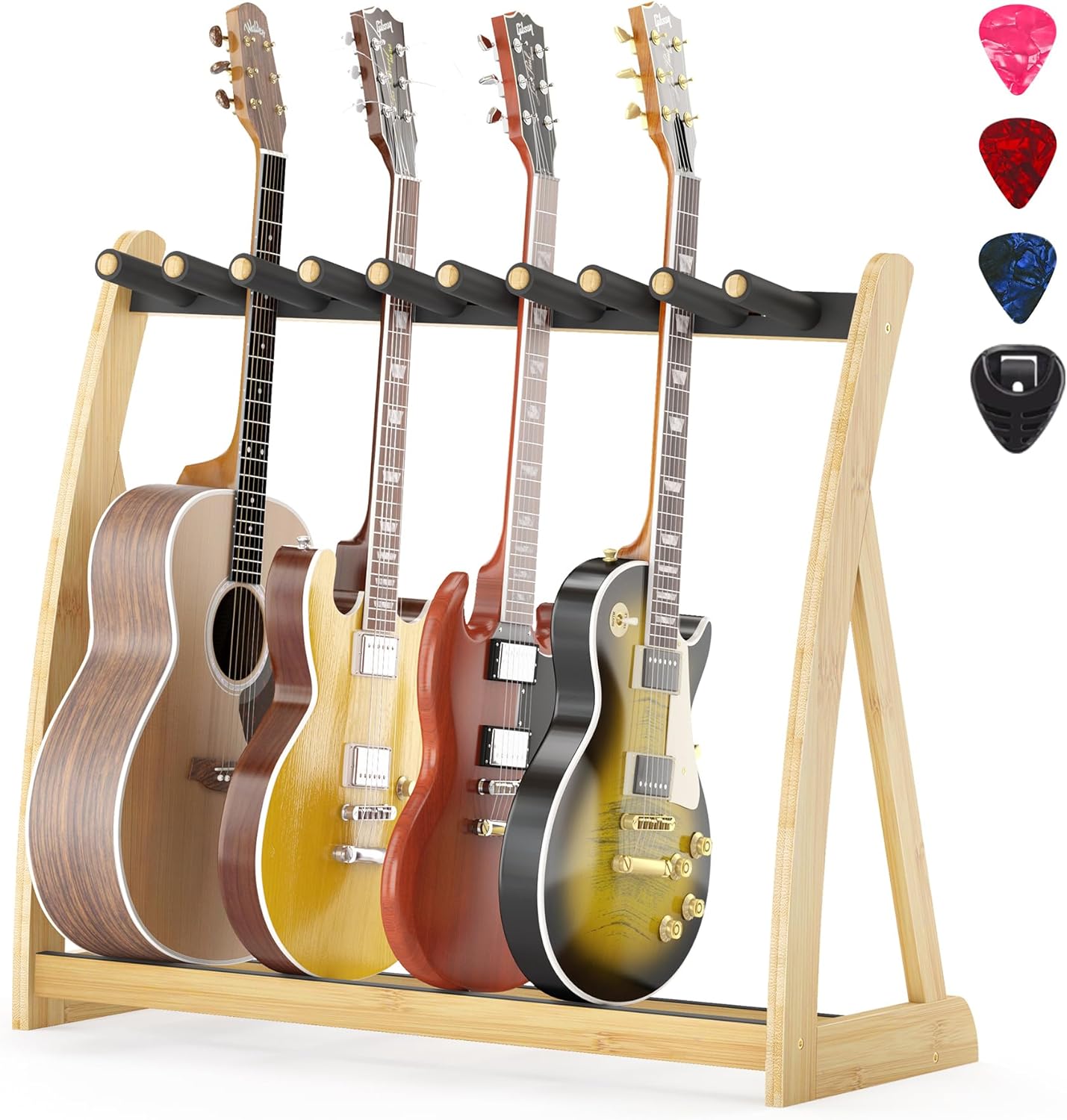 Adjustable Multi Guitar Stand Rack - Bamboo Guitar Case Stands Floor 1-9 Guitar Holder for Multiple Guitars Acoustic Electric Guitar & Bass Guitar Bag Padded Guitar Display for Band Home Stage Studio