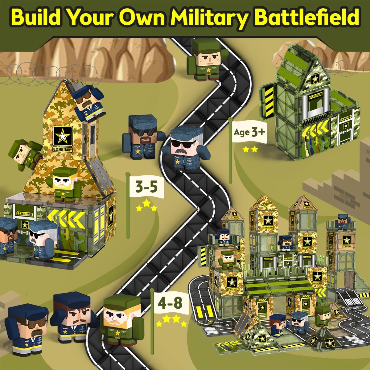 GobiDex 100PCS Magnetic Tiles with 8 Soldiers, STEM Construction Toys for Kids Ages 3-5 5-7 4-8, Magnet Building Blocks for Toddler Toys Games, Birthday Gifts for 3+ Year Old Boys Girls - Image 3