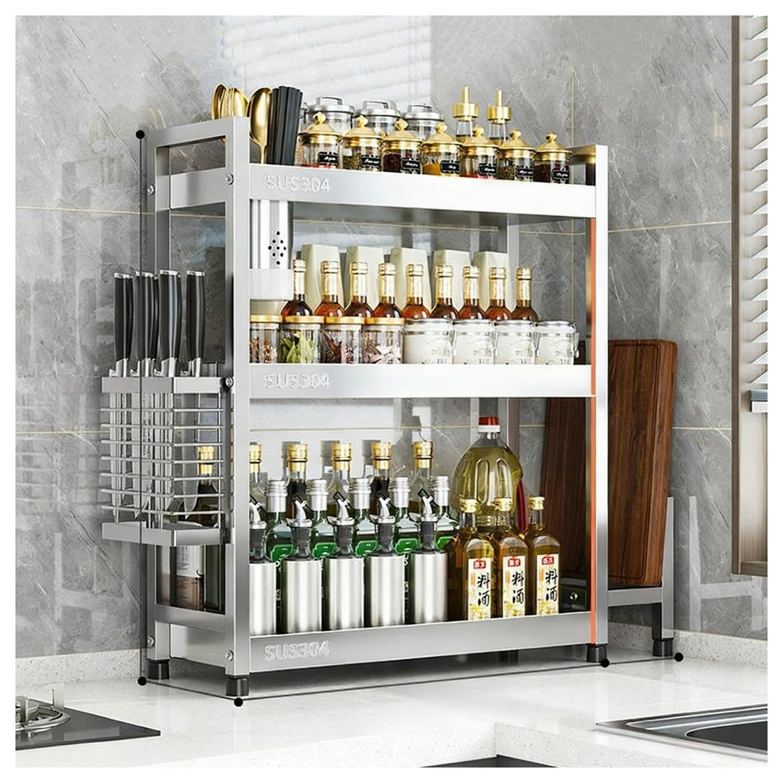TIANQIHAO Stainless Steel Spice Rack Nizer For Kitchen Worktop, Space-Saving Design With Cutlery Holder And Cutting Board Shelf,3 Tier-35cm/13.7
