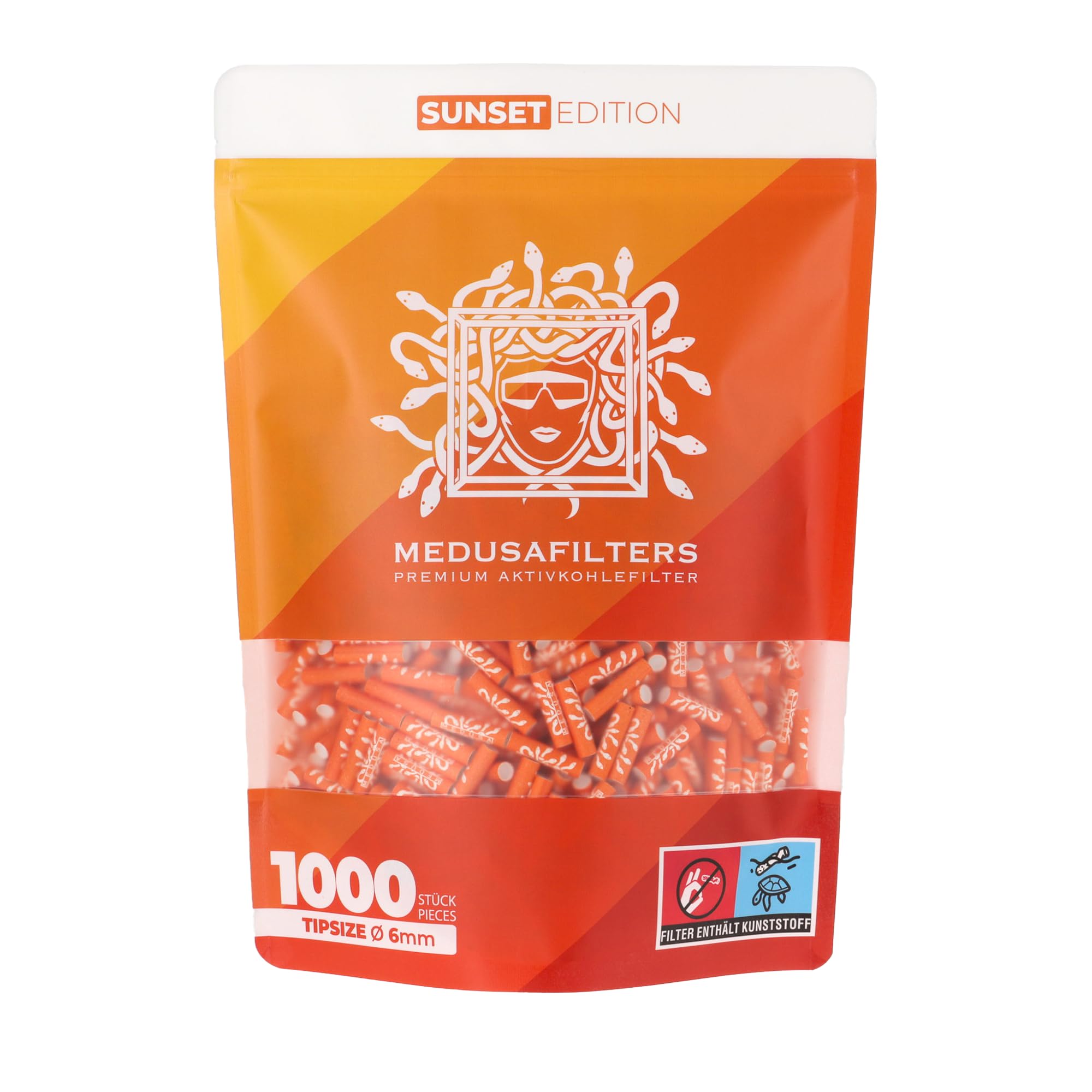 Medusafilters 1000 Filtros de Carbón Premium Slim Ø 6mm | Tip Size | Sunset Edition | con Tapones de Fibra Vegana y carbón Activo de cáscara de Coco