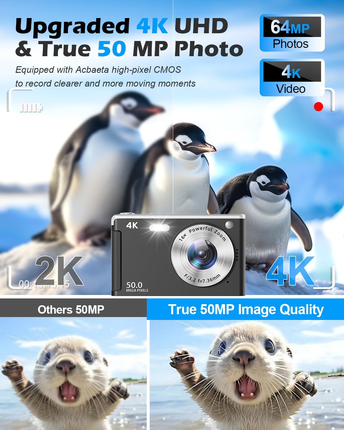 Appareil Photo Numérique UHD 4K 50MP Autofocus avec Carte SD 32 Go, Zoom 16X, Anti-Shake, 2 Batteries, Compact Noir